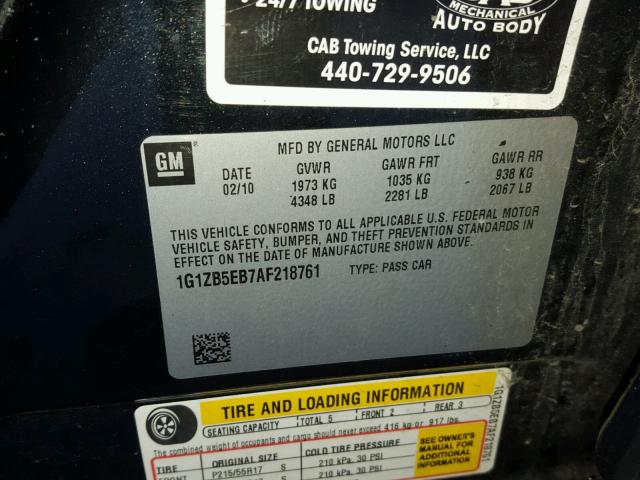 1G1ZB5EB7AF218761 - 2010 CHEVROLET MALIBU LS BLACK photo 10