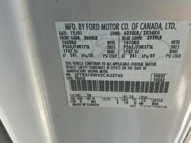 2FTRX18W42CA32740 - 2002 FORD F150 SILVER photo 10