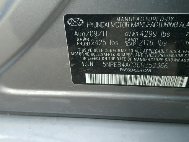 5NPEB4AC3CH352366 - 2012 HYUNDAI SONATA GLS GRAY photo 10