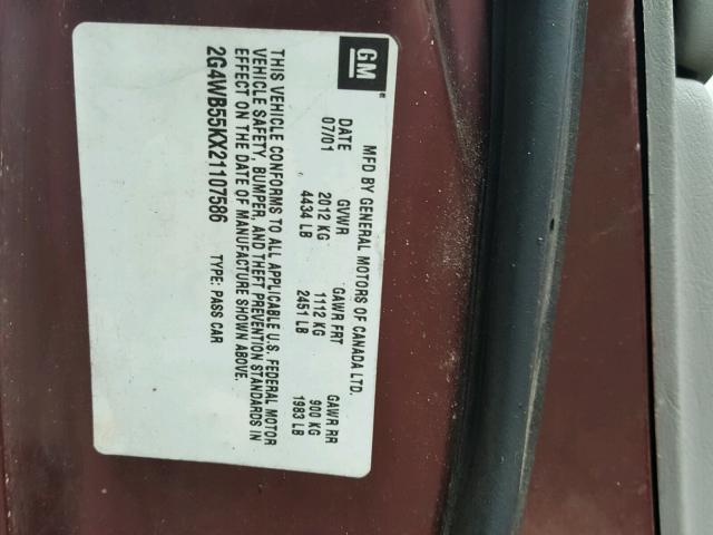 2G4WB55KX21107586 - 2002 BUICK REGAL LS 栗色 照片 10