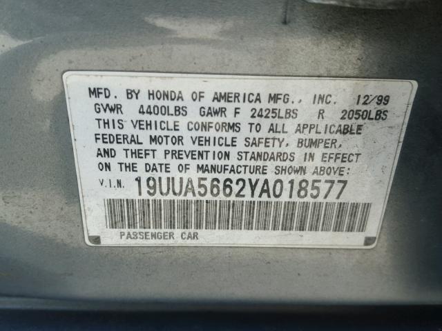 19UUA5662YA018577 - 2000 ACURA 3.2TL GRAY photo 10