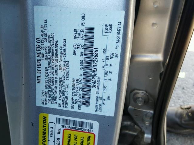 3FA6P0HRXDR296861 - 2013 FORD FUSION SE SILVER photo 10