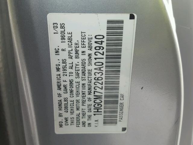 1HGCM72263A012940 - 2003 HONDA ACCORD LX SILVER photo 10