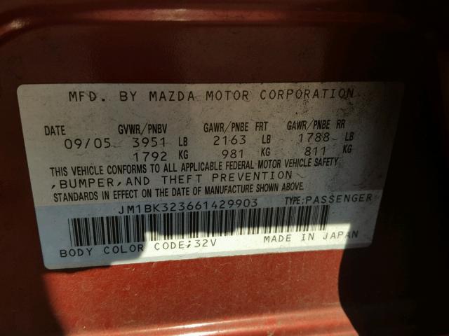 JM1BK323661429903 - 2006 MAZDA 3 S RED photo 10