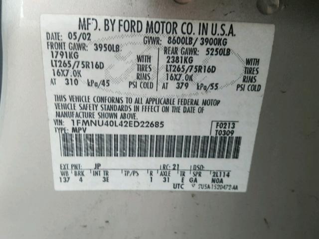 1FMNU40L42ED22685 - 2002 FORD EXCURSION SILVER photo 10