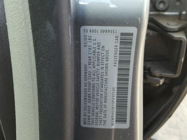 WVWRH63B33P430245 - 2003 VOLKSWAGEN PASSAT GLX GRAY photo 10
