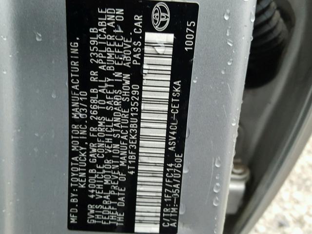 4T1BF3EK3BU135290 - 2011 TOYOTA CAMRY BASE SILVER photo 10