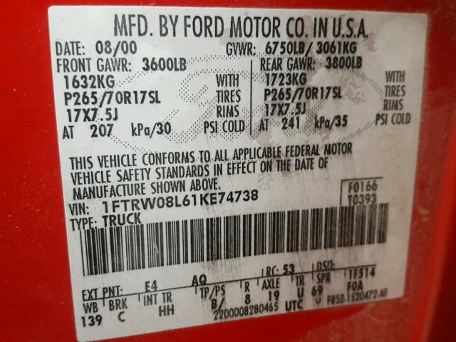 1FTRW08L61KE74738 - 2001 FORD F150 SUPER RED photo 10