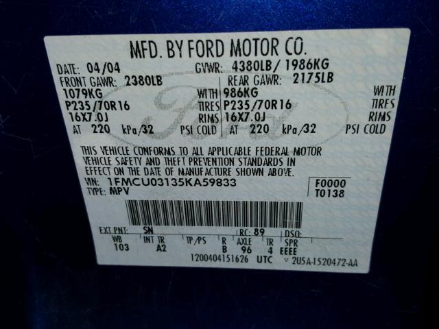 1FMCU03135KA59833 - 2005 FORD ESCAPE XLT BLUE photo 10