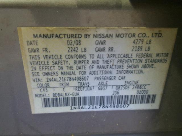 1N4AL21E78N498607 - 2008 NISSAN ALTIMA 2.5 BEIGE photo 10