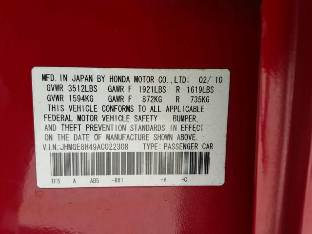 JHMGE8H49AC022308 - 2010 HONDA FIT SPORT RED photo 10