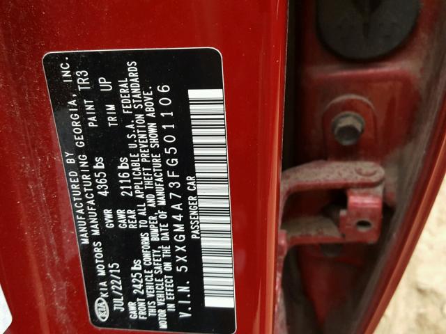 5XXGM4A73FG501106 - 2015 KIA OPTIMA LX RED photo 10