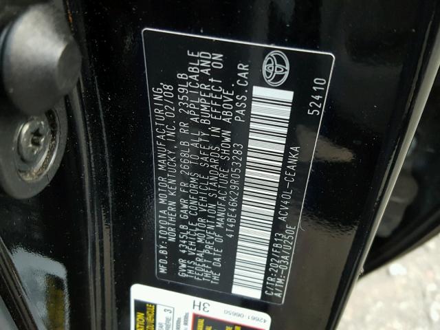 4T4BE46K29R053283 - 2009 TOYOTA CAMRY BASE BLACK photo 10