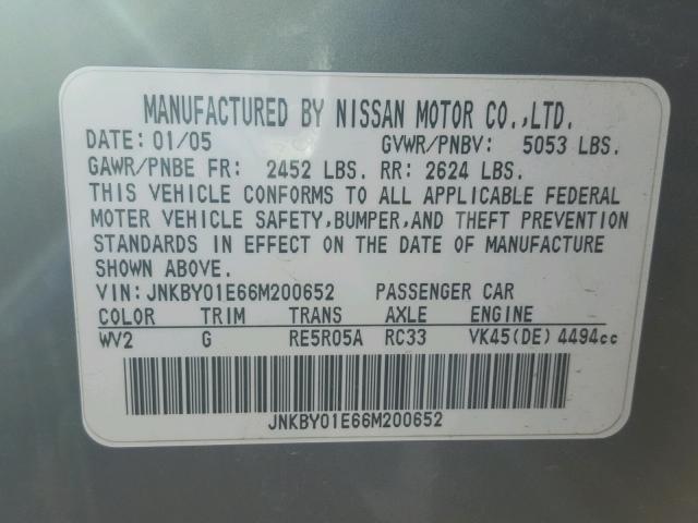 JNKBY01E66M200652 - 2006 INFINITI M45 BASE GRAY photo 10