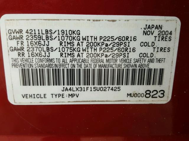 JA4LX31F15U027425 - 2005 MITSUBISHI OUTLANDER RED photo 10