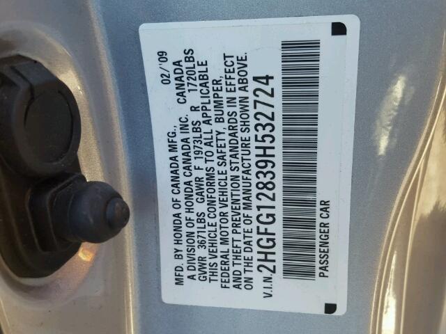 2HGFG12839H532724 - 2009 HONDA CIVIC EX 银色 照片 10