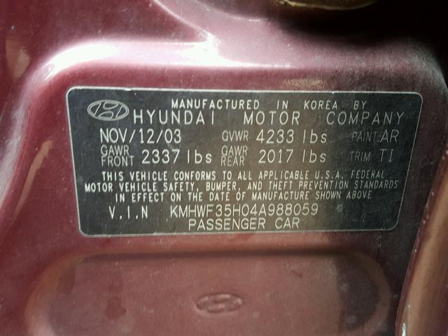 KMHWF35H04A988059 - 2004 HYUNDAI SONATA GLS MAROON photo 10