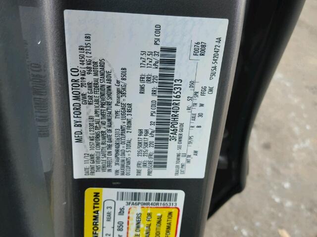 3FA6P0HR4DR165313 - 2013 FORD FUSION SE GRAY photo 10