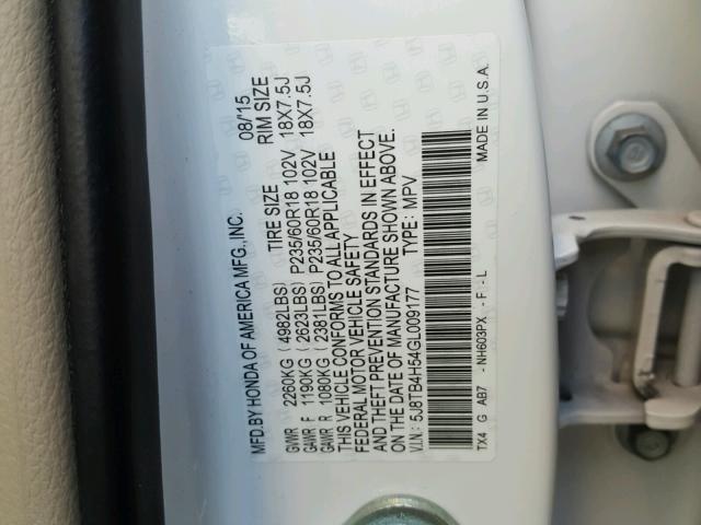 5J8TB4H54GL009177 - 2016 ACURA RDX TECHNO WHITE photo 10