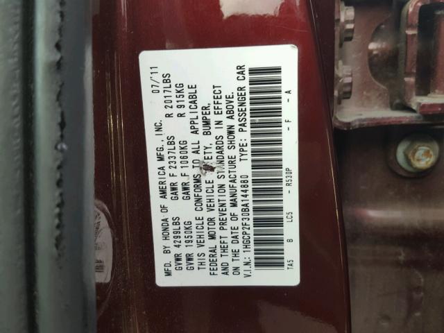 1HGCP2F30BA144880 - 2011 HONDA ACCORD LX BURGUNDY photo 10