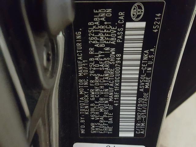 4T1BF1FK0CU007948 - 2012 TOYOTA CAMRY BASE BLACK photo 10