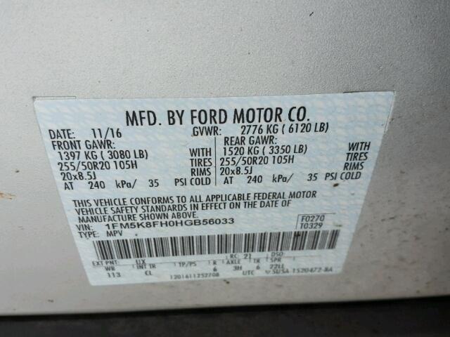 1FM5K8FH0HGB56033 - 2017 FORD EXPLORER L SILVER photo 10