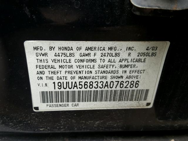 19UUA56833A076286 - 2003 ACURA 3.2TL TYPE BLACK photo 10