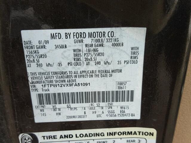 1FTPW12VX9FA51091 - 2009 FORD F150 SUPER BROWN photo 10