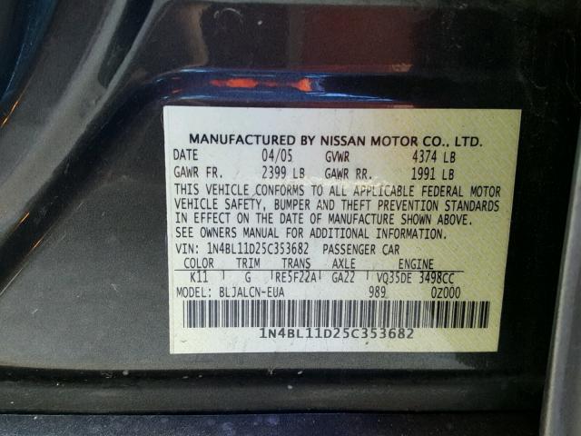 1N4BL11D25C353682 - 2005 NISSAN ALTIMA SE GRAY photo 10