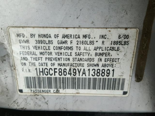 1HGCF8649YA138891 - 2000 HONDA ACCORD DX SILVER photo 10