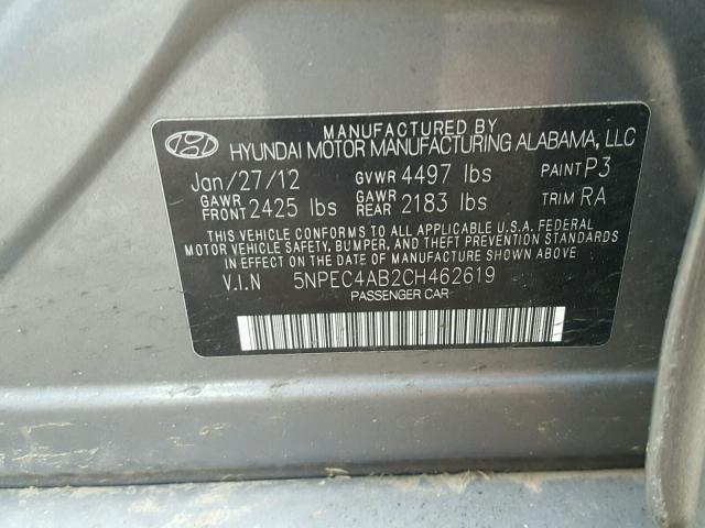 5NPEC4AB2CH462619 - 2012 HYUNDAI SONATA SE CHARCOAL photo 10