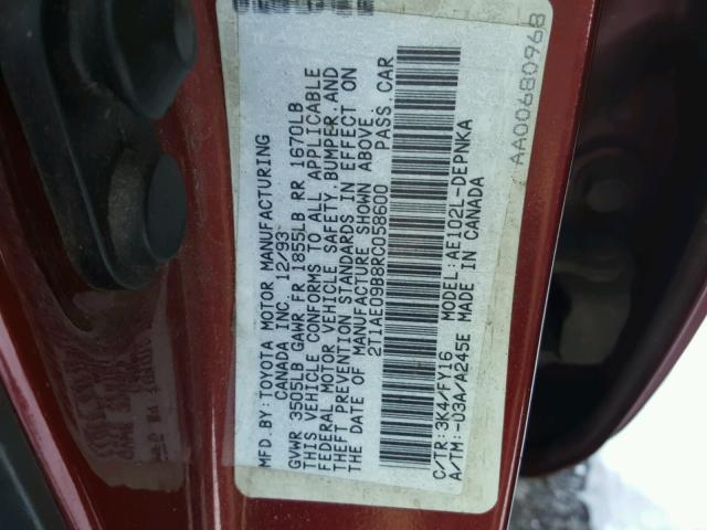 2T1AE09B8RC058600 - 1994 TOYOTA COROLLA LE 栗色 照片 10