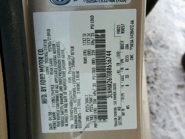 3LNHM26T08R656744 - 2008 LINCOLN MKZ TAN photo 10