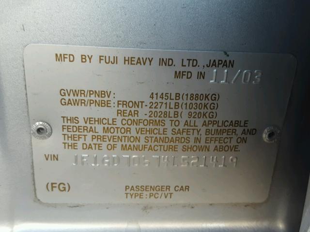 JF1GD70674L521419 - 2004 SUBARU IMPREZA WR SILVER photo 10