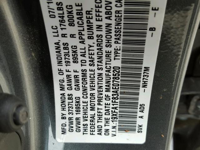 19XFA1F83AE078520 - 2010 HONDA CIVIC EX GRAY photo 10