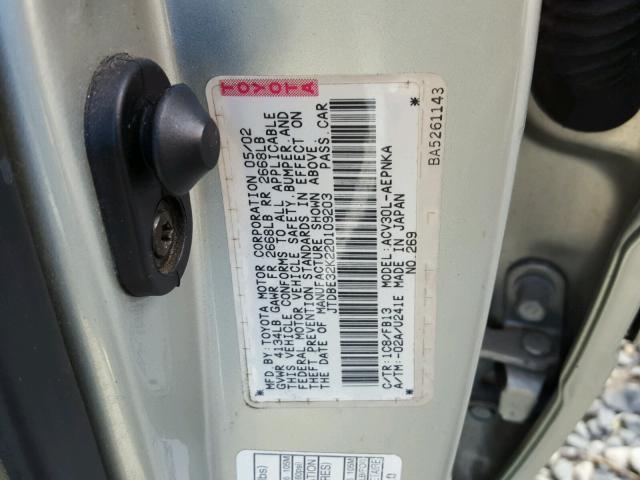 JTDBE32K220109203 - 2002 TOYOTA CAMRY LE SILVER photo 10