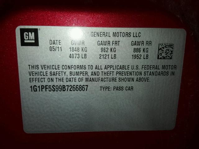 1G1PF5S99B7266867 - 2011 CHEVROLET CRUZE LT RED photo 10