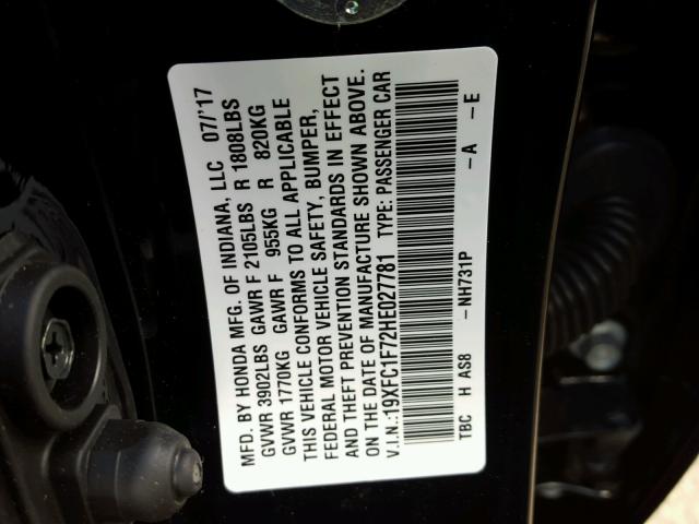 19XFC1F72HE027781 - 2017 HONDA CIVIC EXL BLACK photo 10