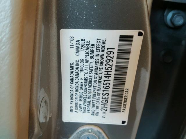 2HGES16514H529291 - 2004 HONDA CIVIC LX GRAY photo 10