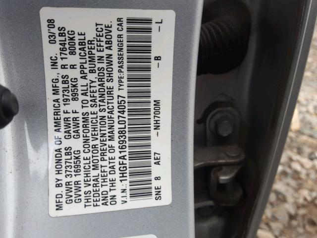 1HGFA16938L074057 - 2008 HONDA CIVIC EXL 银色 照片 10