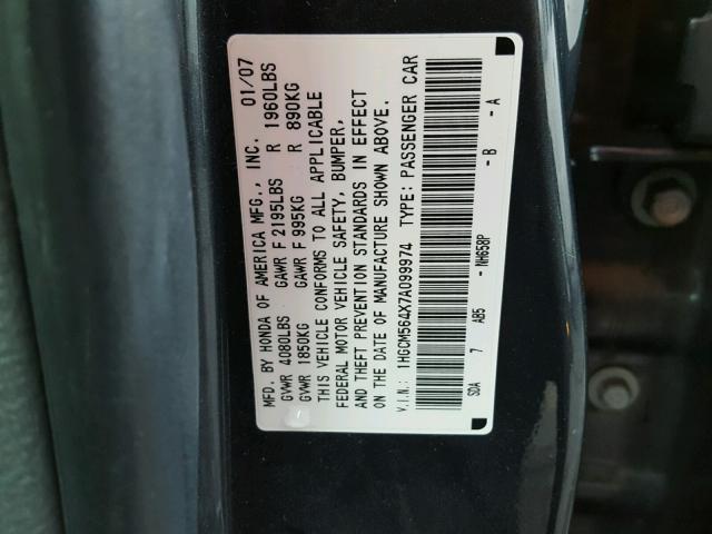 1HGCM564X7A099974 - 2007 HONDA ACCORD LX GRAY photo 10