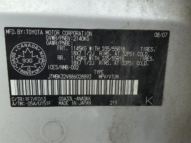 JTMBK32V886028893 - 2008 TOYOTA RAV4 SPORT SILVER photo 10