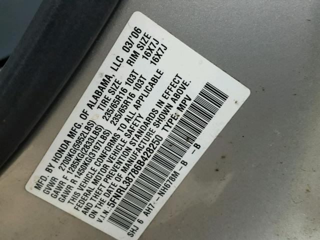 5FNRL38786B428250 - 2006 HONDA ODYSSEY EX SILVER photo 10