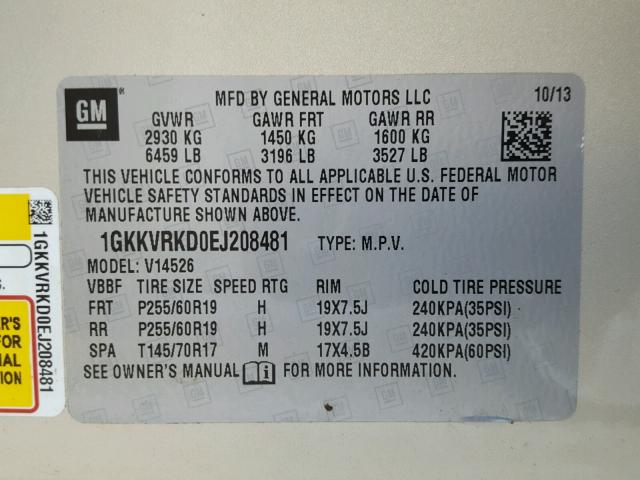 1GKKVRKD0EJ208481 - 2014 GMC ACADIA SLT ბეჟი ფოტო 10