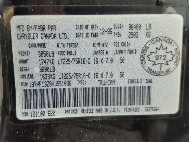 1B7HF13Z8VJ551036 - 1997 DODGE RAM 1500 BLACK photo 10