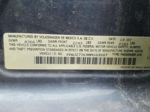 3VWJZ71K98M103507 - 2008 VOLKSWAGEN JETTA S 蓝色 照片 10