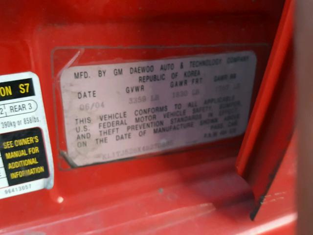 KL1TJ526X4B270895 - 2004 CHEVROLET AVEO LS RED photo 10