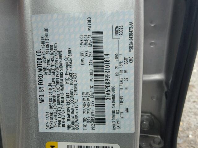 3FA6P0K99FR101814 - 2015 FORD FUSION TIT SILVER photo 10