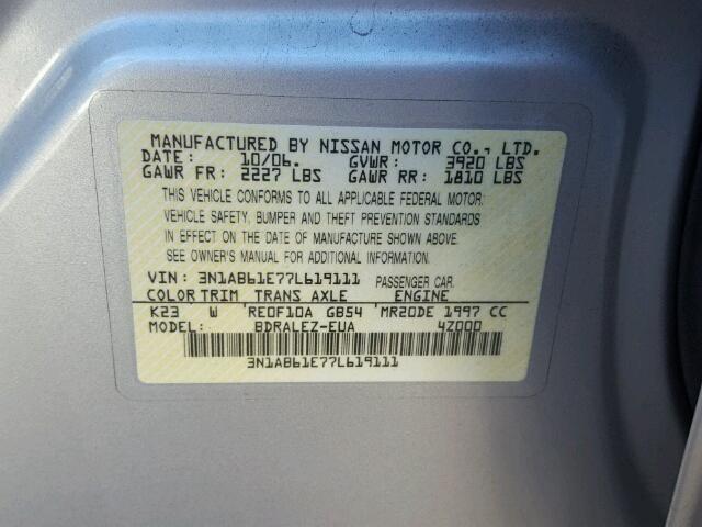 3N1AB61E77L619111 - 2007 NISSAN SENTRA 2.0 SILVER photo 10