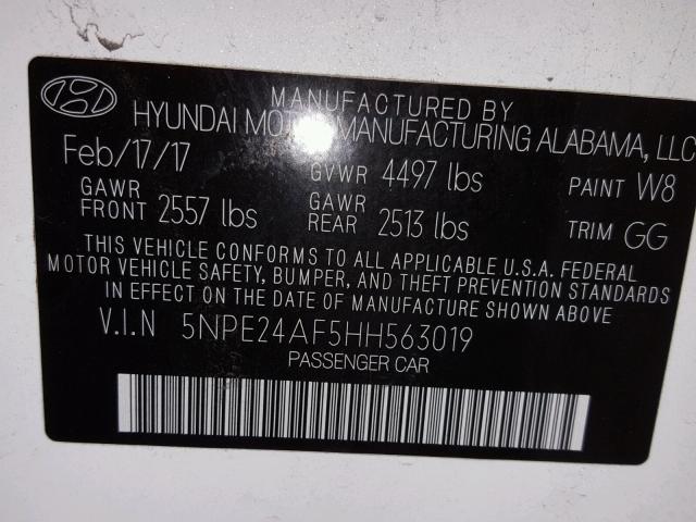 5NPE24AF5HH563019 - 2017 HYUNDAI SONATA SE WHITE photo 10